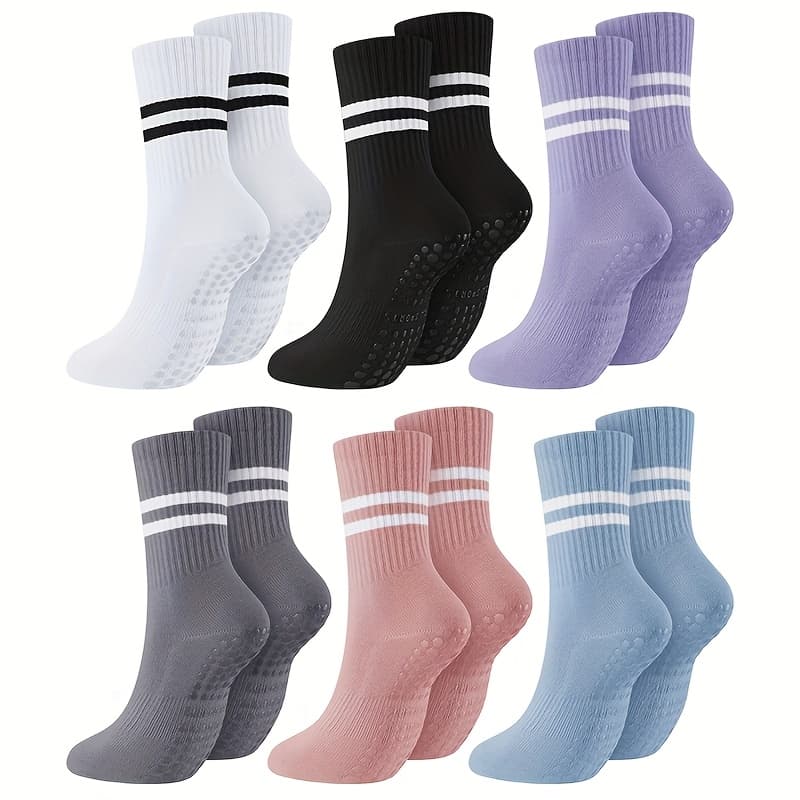 TEMU 6 Pairs Of Yoga Silicone Anti Slip Mid Length Socks For Indoor Dancing, Pilates, Floor Fitness, Women's Socks