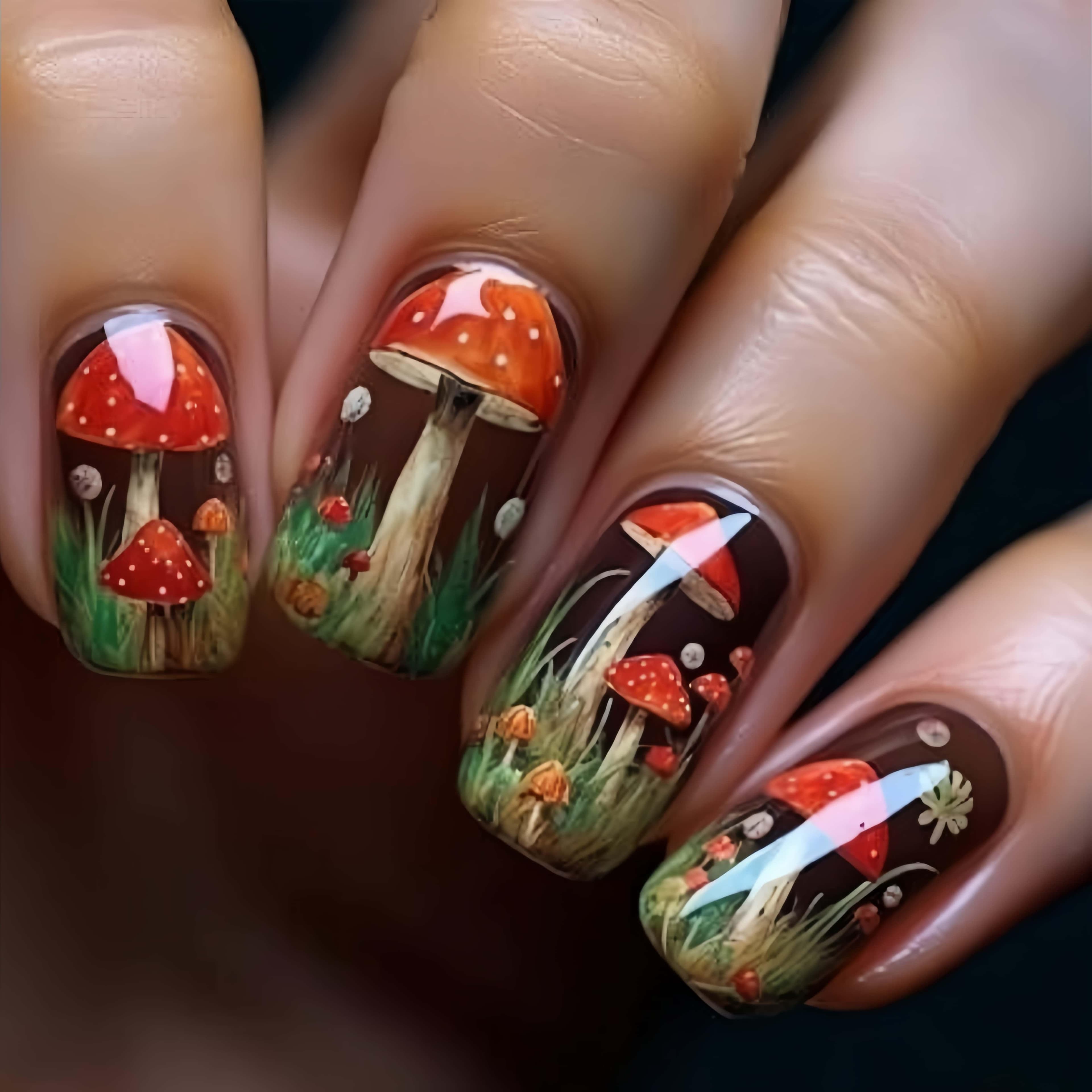 TEMU Mid-length European Square Nail Stickers, New Style Nail Stickers, Red Mushroom Pattern Spring Summer Nail Stickers Removable False Nails, Nail Stickers, Press-on Nails