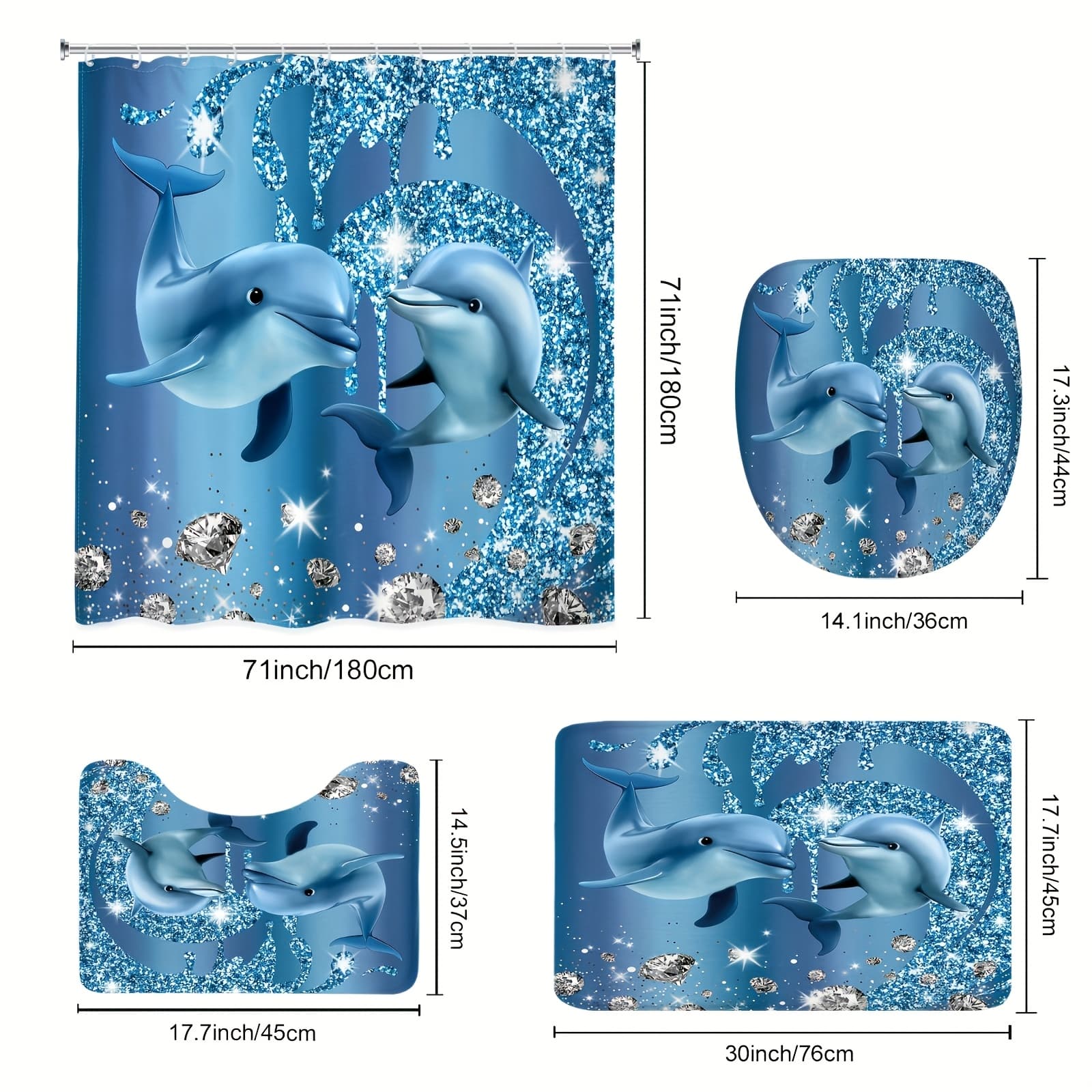 TEMU 2d Flat, 2d Flat 4pcs - Shower Curtain Set, Cartoon Cute Dolphin Diamond Spray Modern Art Decoration 12 Hooks Shower Curtain, Non-slip Bathroom, Toilet U-shaped, Cover, Home Decor Gift