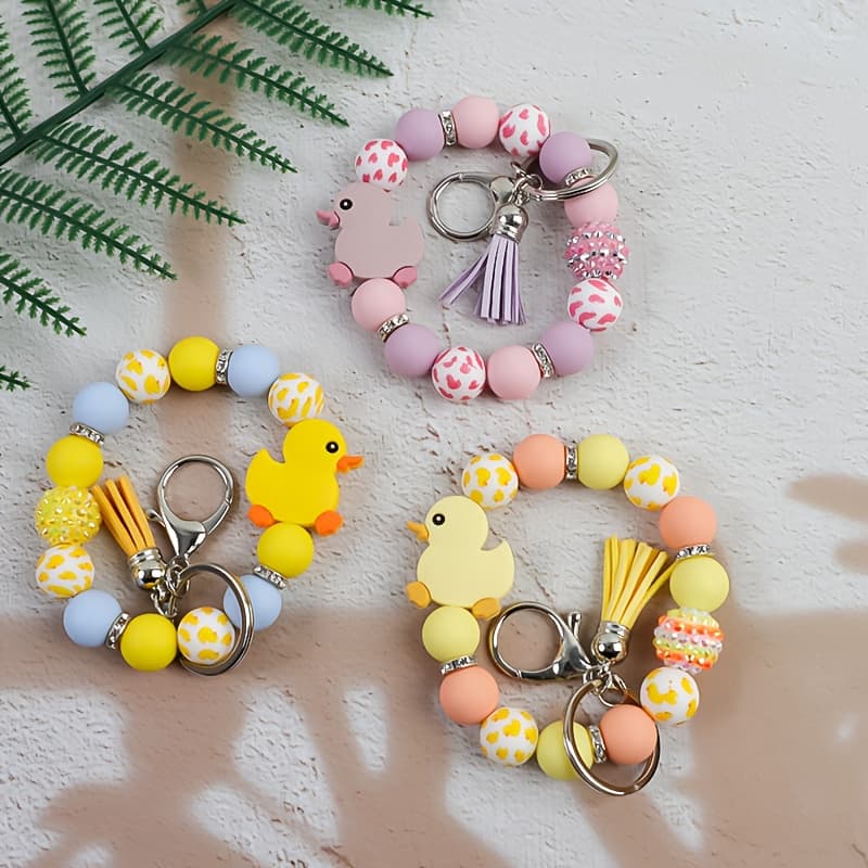 TEMU 3pcs/set Cute Cartoon Duck Bead Handmade Beaded Wristband With Tassel Charms Keychain, Bag Decoration Pendant, Festival Gift