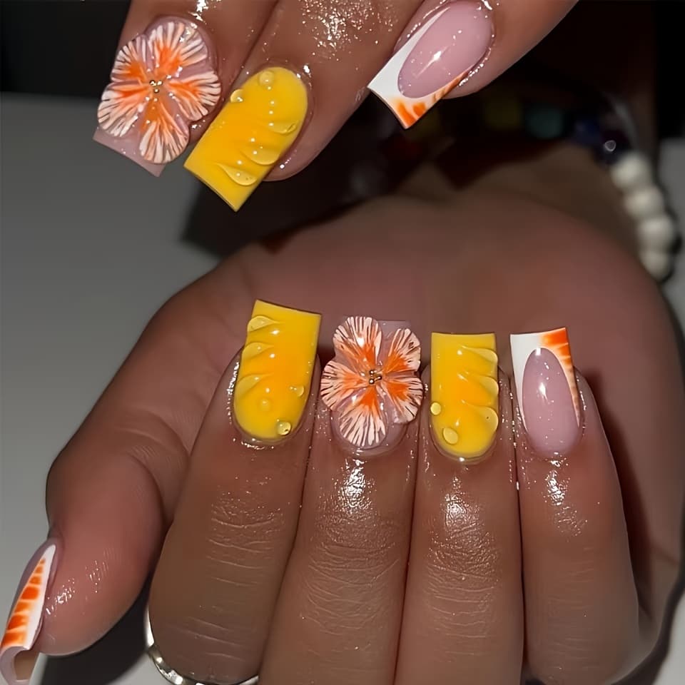 TEMU A Set Of 24 Short Square Fake Nails, Summer Passion, Orange-yellow Flowers, Cool , , Light Luxury , Suitable For And. The Box Includes A Nail File And Jelly Glue For Easy Application And Wearing