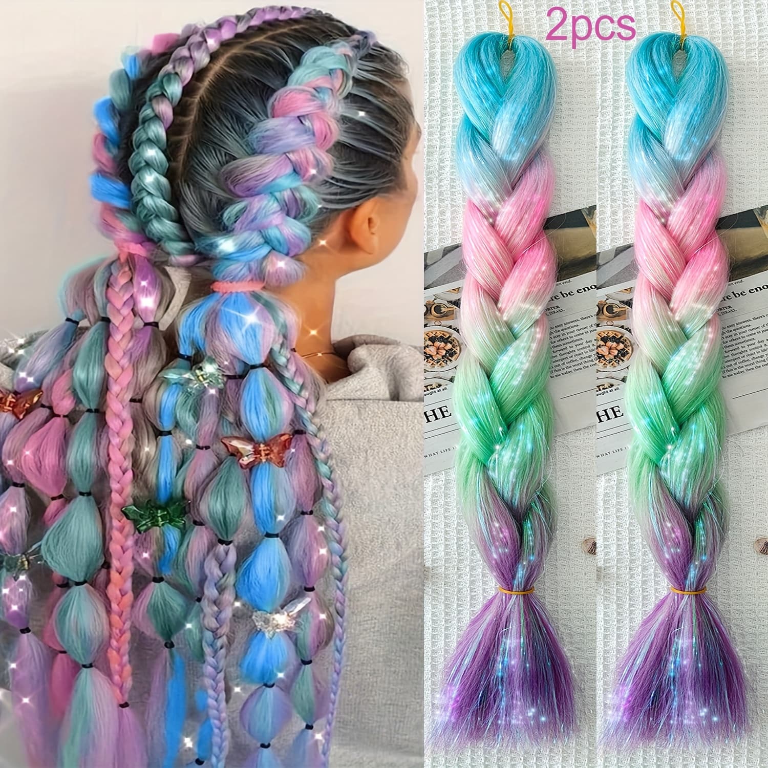 TEMU Set Of 2 Jumbo 24-inch Braided Hair Extensions - In , Soft Synthetic Straight Hair With Shimmering Tinsel, Featuring For Any Event, And Style For Women And At Parties And Christmas Celebrations
