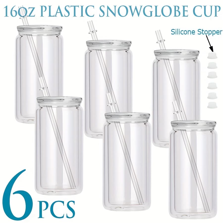 TEMU [ 6pcs ] 16oz Plastic Tumbler With Straw, Pre Drilled Hole Double Wall Plastic Clear Snow Cup With Silicone Plug For Snow Glitter Diy Crrafts Gifts And Uv Dtf Transfers