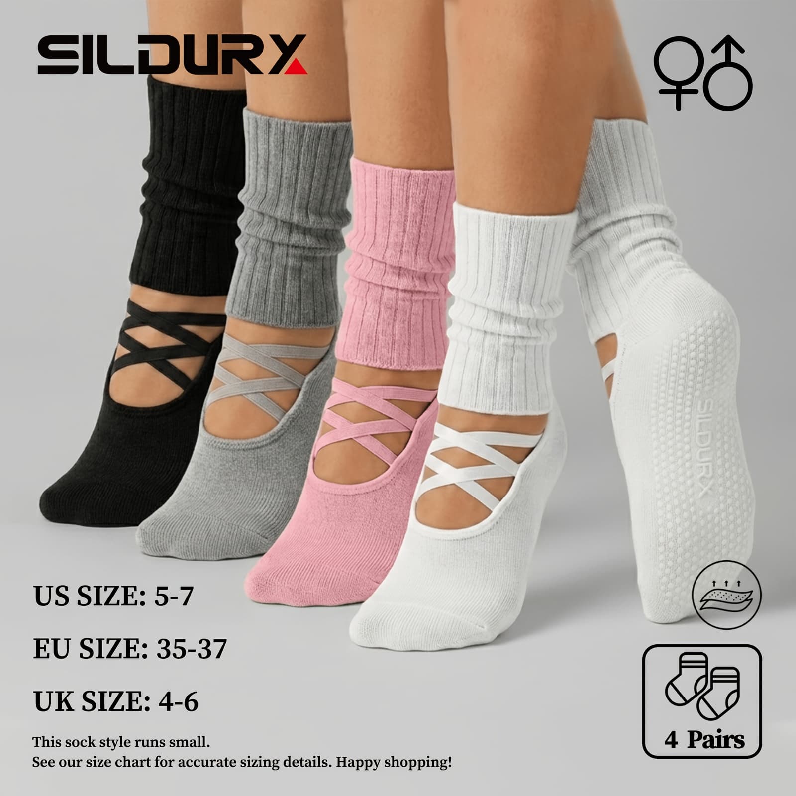 TEMU 4 Pairs Pilates Socks With Grips For Women Non Slip Grippers Yoga Crew Socks For Barre Workout