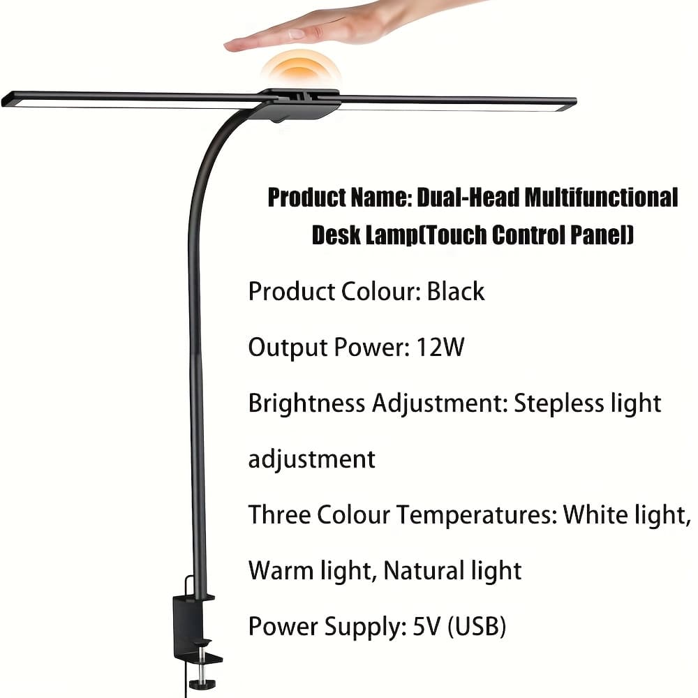 TEMU Dual Head Led Usblamp With Clamp, 2x Swing Arm Light - 3 Colors 10 Brightness, Usb Powered, For Dual Monitors, Drafting, Workbench & Home Office(black)