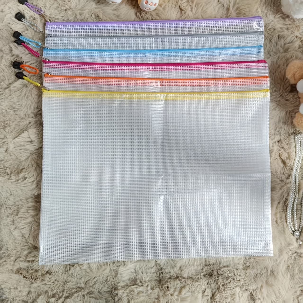 TEMU 6pcs Mesh Zipper Bags, A3 Size, Durable Pvc Material With Drawstrings And Handles - Ideal For Travel, School, Office Supplies, Cross Stitch And Object Storage, Zipper Bags, Mixed Colors
