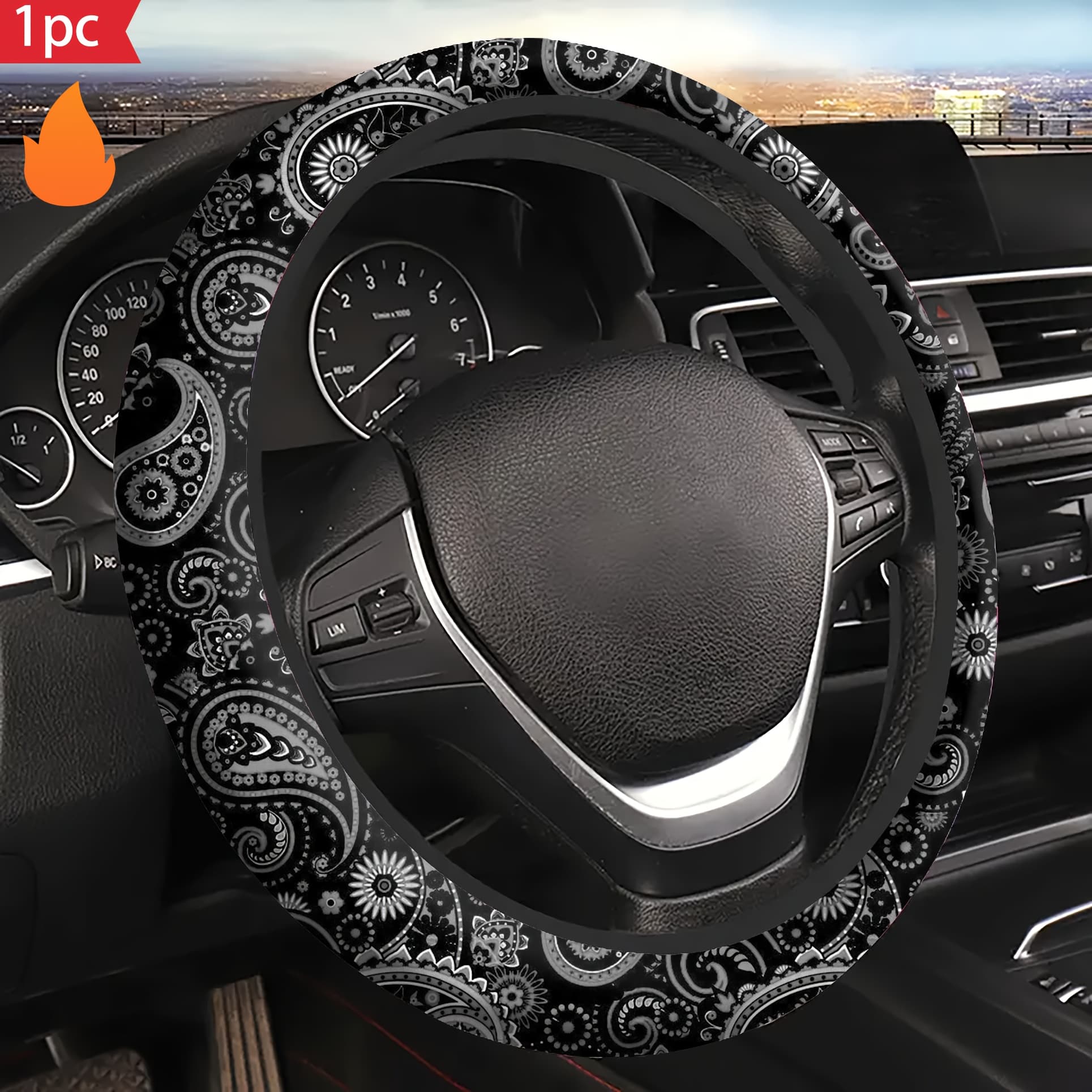 TEMU Fit Black & White Paisley Stretch Steering Wheel Cover - No , Neoprene Material, Car Interior Accessory