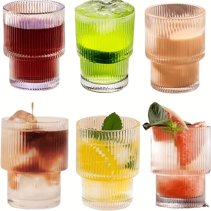 TEMU 6pcs, 200ml/6.8oz Stackable Ribbed Glass Cups, Iced Coffee Cups, Juice Cups, Vertical Striped Retro Glass Cups, Reusable Glass Cups, Suitable For Halloween, Christmas, Easter, Thanksgiving