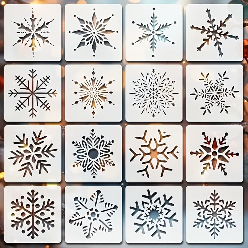 TEMU 16pcs Snowflake Painting Stencils, 10cm Durable Plastic Christmas Decoration Templates, Designs For Walls, Wood, Fabric Crafts, Coasters, Gift Wrapping, And Holiday Decorations