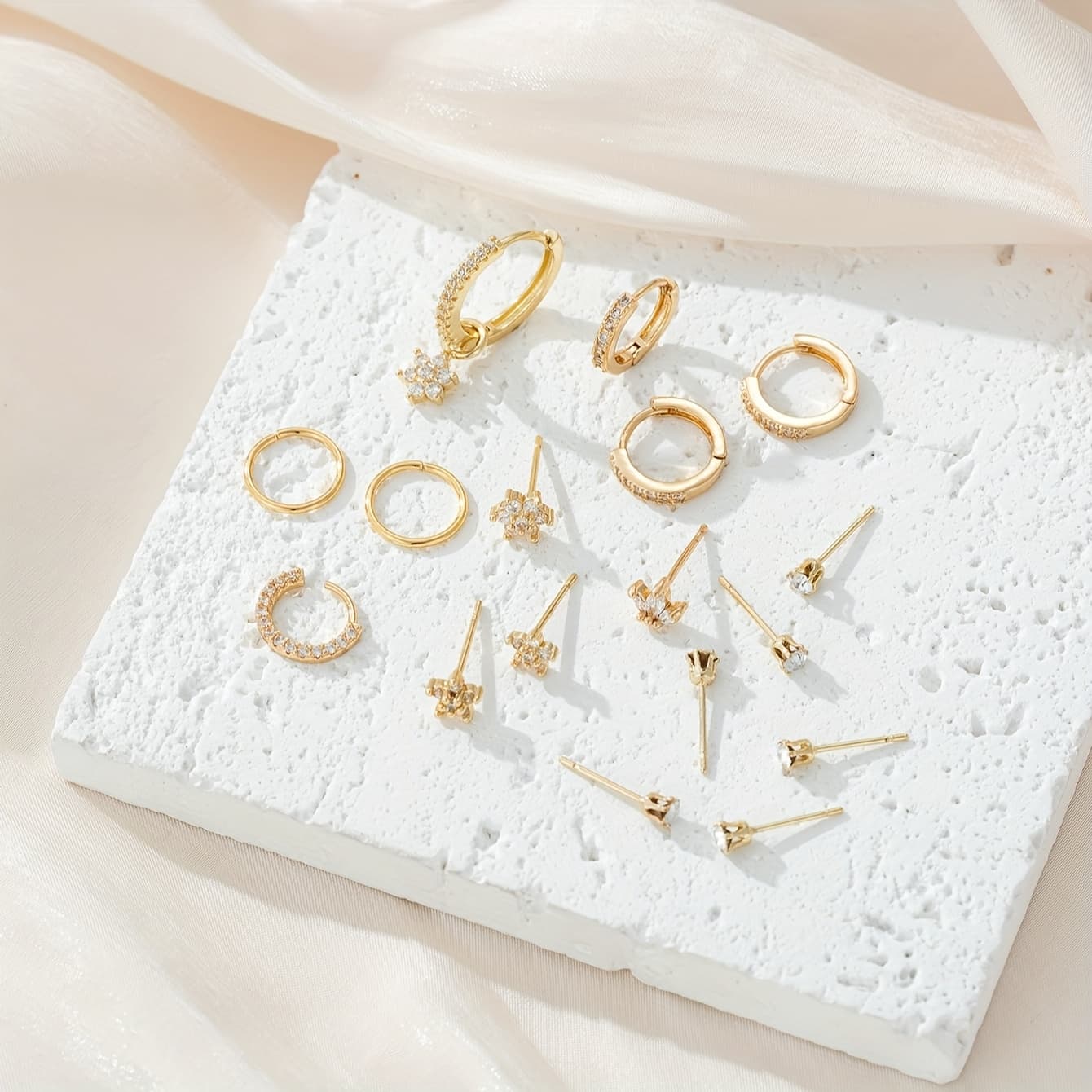 TEMU 17pcs Of Women's Fashion Earrings, Retro Mini Synthetic Zirconia Inlaid Flower Hoop Earring Set, Copper Jewelry, Festival Jewelry