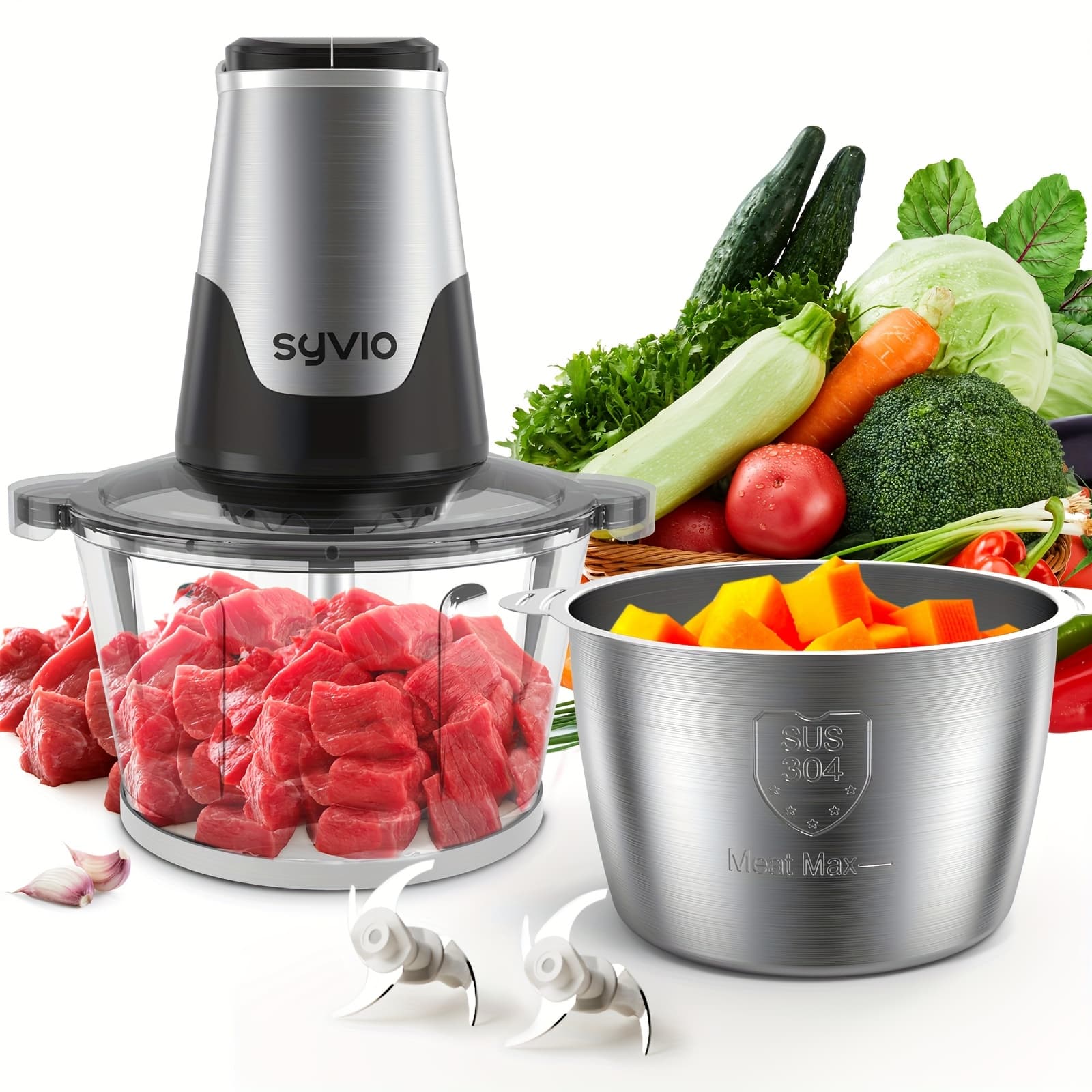 TEMU Syvio Food Processors With 2 Bowls, Meat Grinder 4 , Mini Electric Food Chopper 450w, For Baby Food, Meat, Onion, Vegetable Chopper, 2 Speed, 8 Cup And 8 Cup, Christmas Gifts