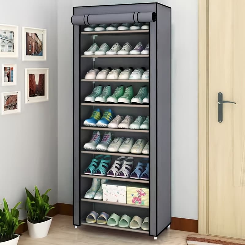 TEMU 10-tier Portable Shoe Storage Organizer Featuring A Nonwoven Fabric Cover, Perfect For Closets, , Bedrooms, And Entrances, Elegant Grey Design