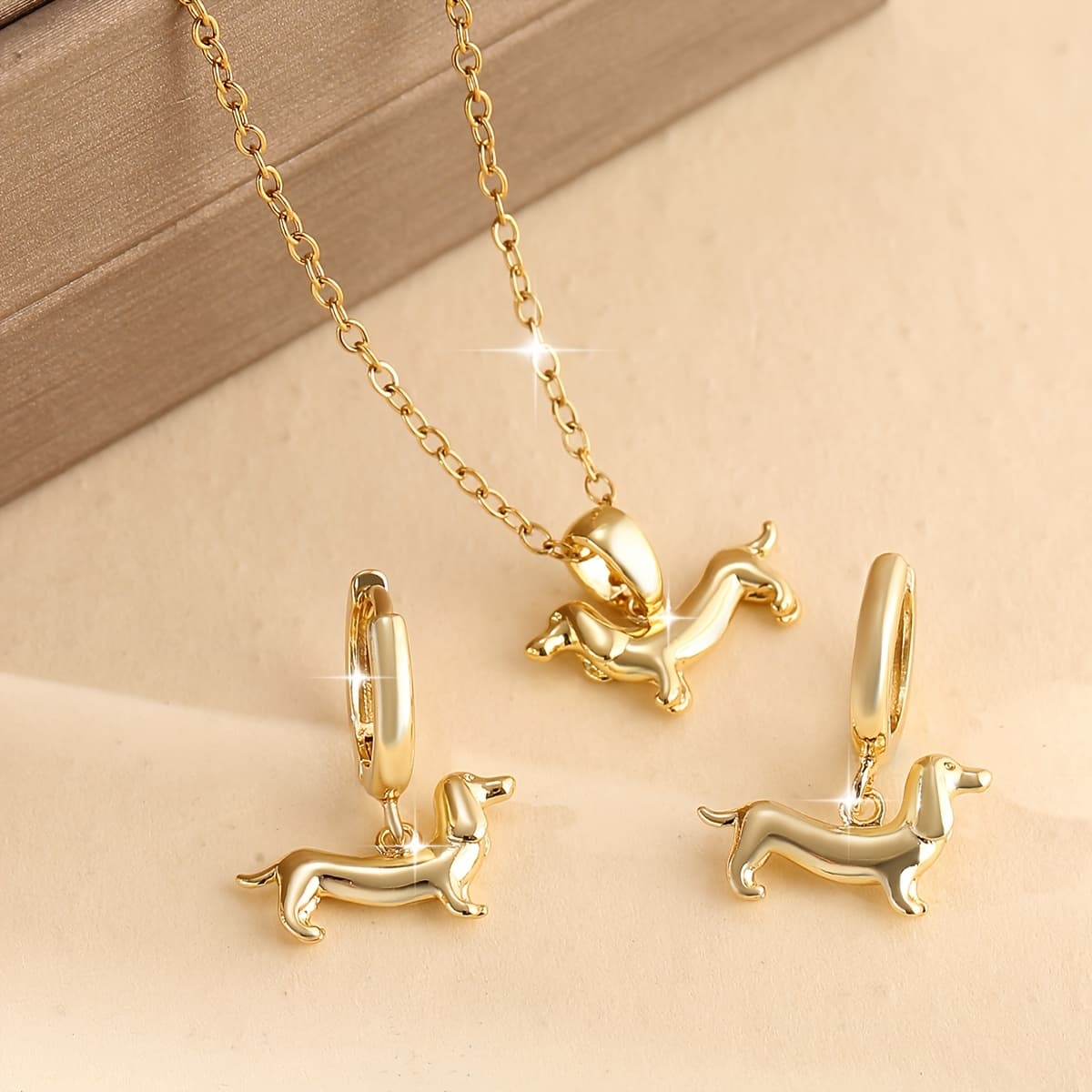 TEMU 3pcs Fashion Set Featuring Stylish Copper Dachshund Dog Pendant Earrings And Necklace, A Vintage And Cute Animal Jewelry Gift For Women On Dates