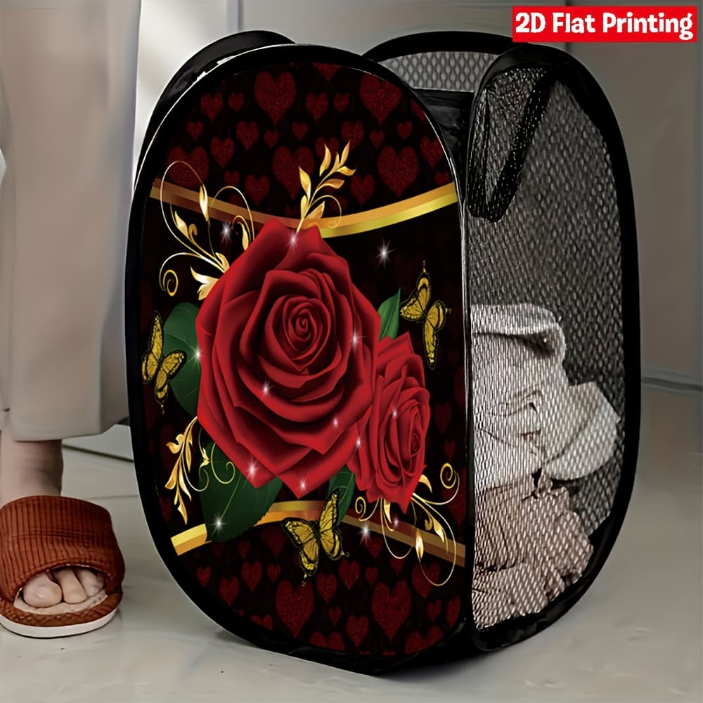 TEMU 1pc Elegant Pop-up Laundry Hamper With Red Roses & - Expandable Mesh Hamper Basket Suitable For, ' Room, Bedroom, Bathroom Organization - Contemporary Storage