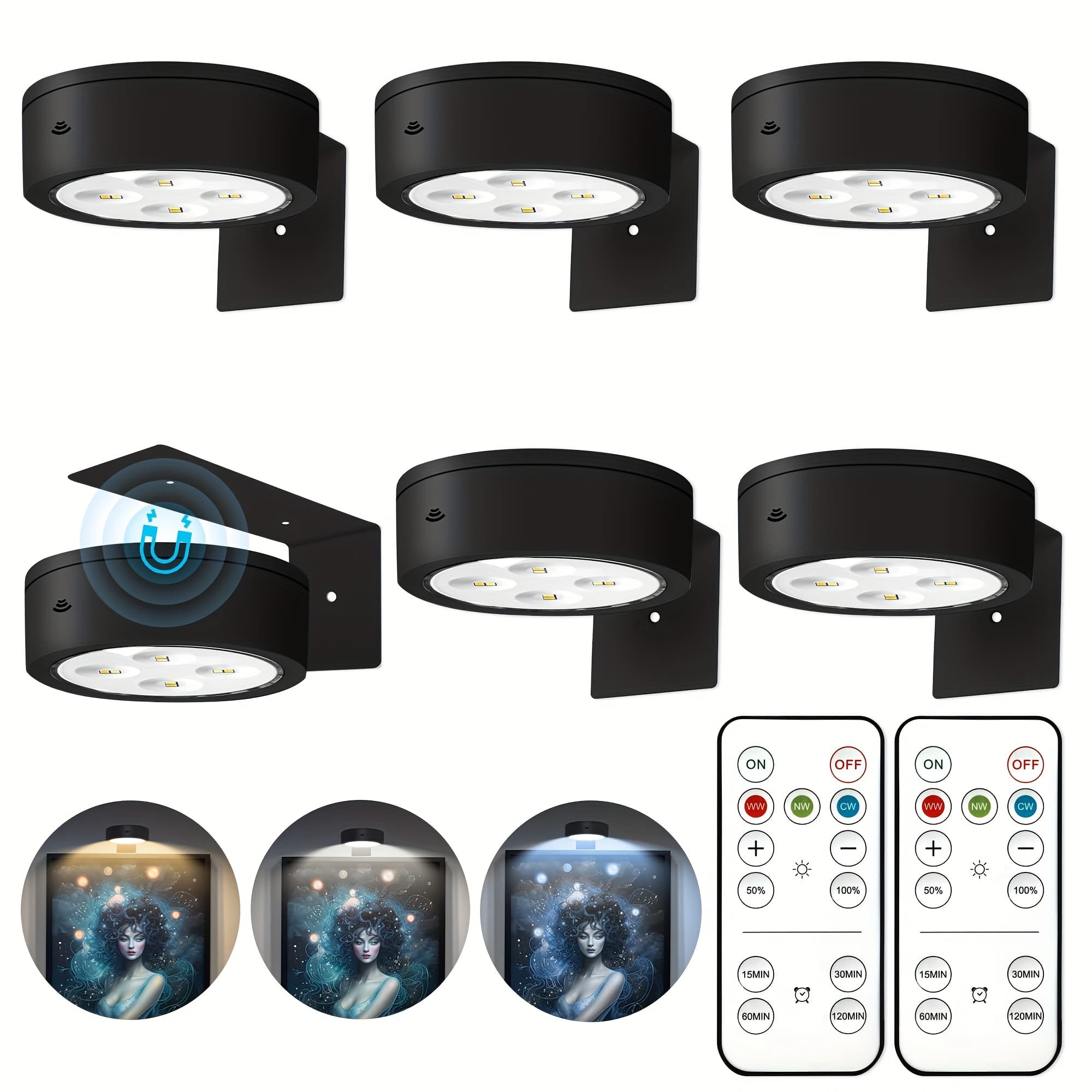 TEMU 6pcs Black Picture Lights For Wall Battery Operated, Magnetic Led Painting Light With Remote Dimmable And Timer, 3 Lighting Art Display Light For Picture Frame, Wireless Wall Decor Puck Lights