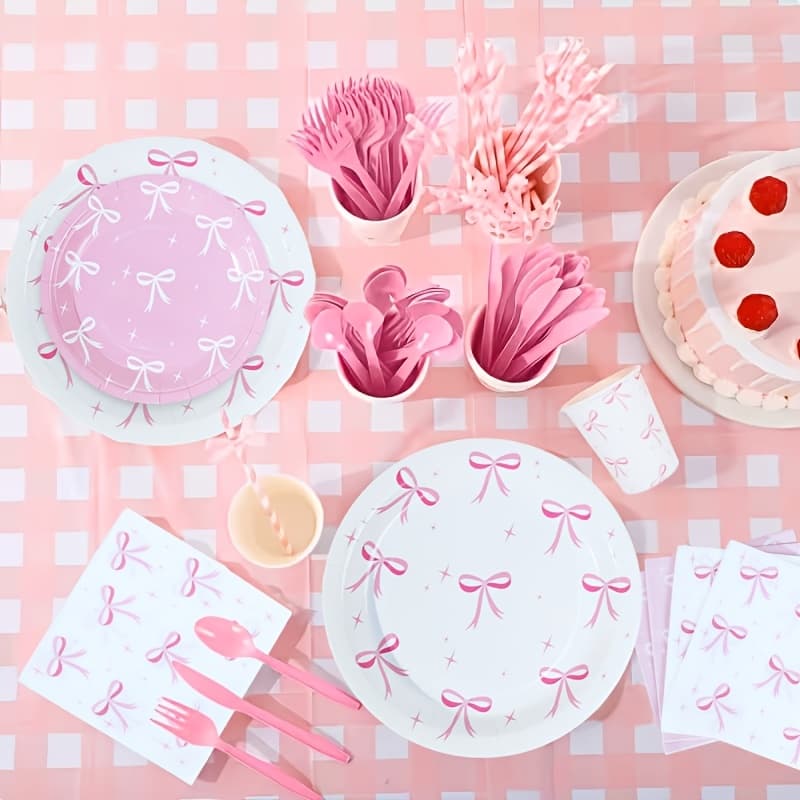 TEMU 168pcs Pink Bow Party Supplies Set: 48 Dinner Plates, 24 Cups, 24 Napkins, 24 Plastic Forks, 24 Knives, 24 Spoons, Serves 24 Guests