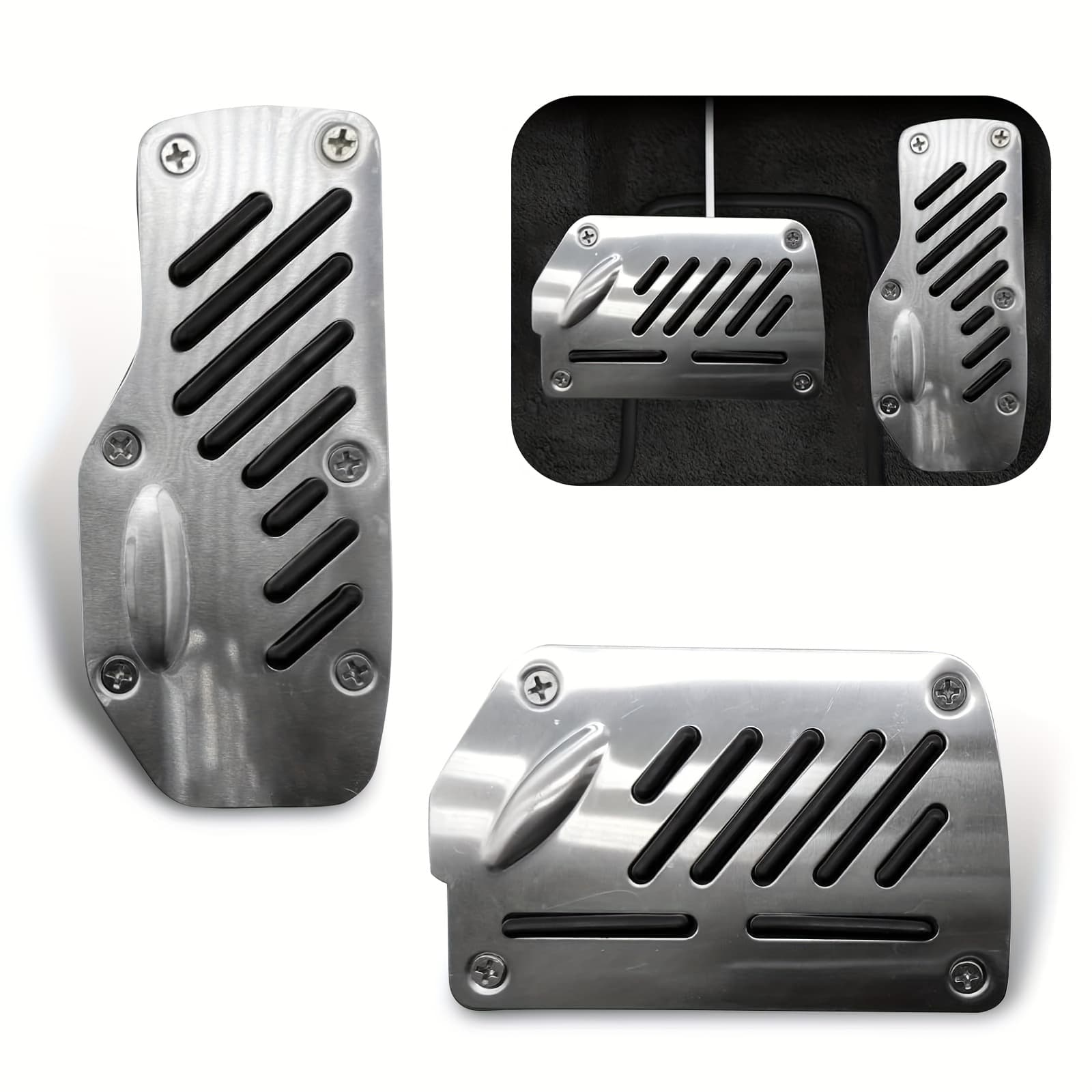 TEMU Car Pedal Cover, Aluminum Alloy Pedal Set, Brake And Accelerator Safety Non-slip Rubber Strip Pedals, Footrest Modification Interior Clutch, Universal For Automatic Transmission Vehicles Black