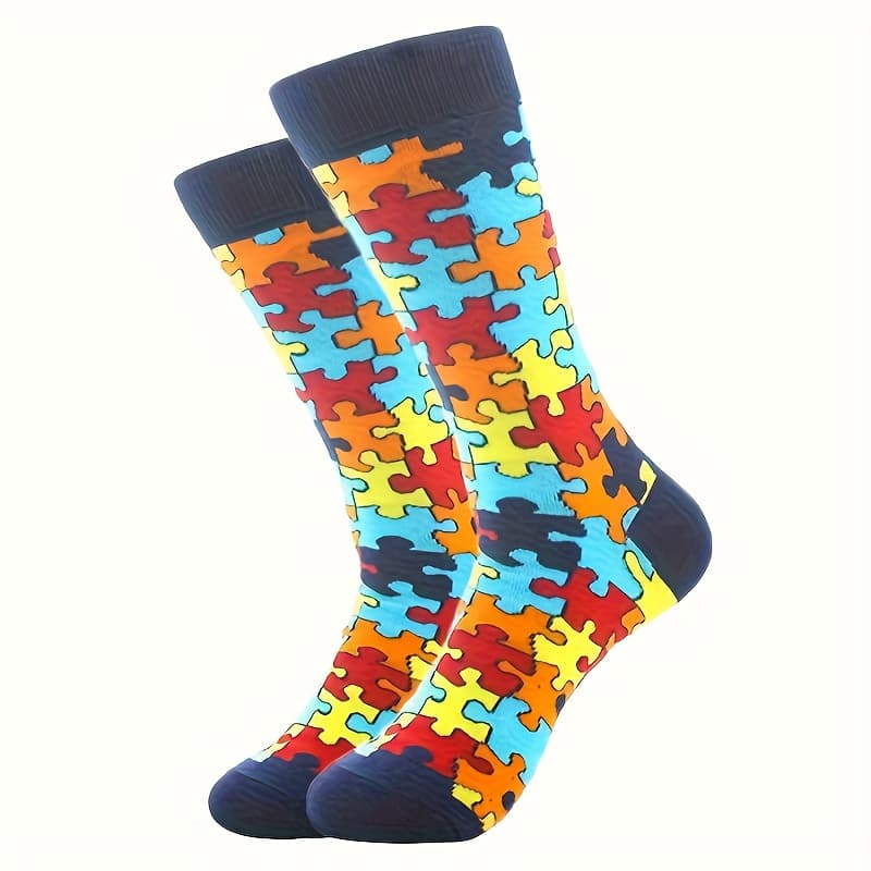 TEMU 1 Pair (for 1-pair Matching) Men's Novelty Matching Socks - Puzzle-themed Casual Couple Socks With Puzzle Piece, Themed Outfit Accessory For Parties & Casual Attire - Hand Wash/dry (ideal Gift)