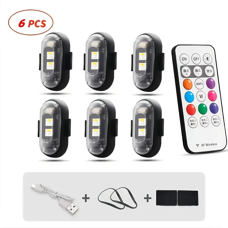 TEMU 4/6pcs Wireless Led Strip Lights - 8-color High-brightness Anti-collision Lighting With Remote Control, Usb Charging, And Waterproof Design For Cars, Drones, Aircraft, Motorcycles, And Bikes