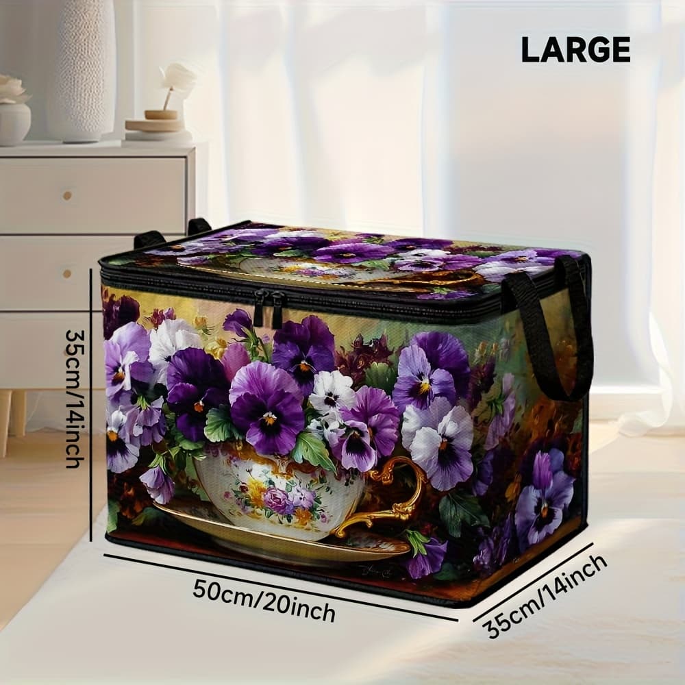 TEMU 1pc Baroque Pansy Bouquet Print Clothing Storage Basket | Polyester, Lid, Suitable For Seasonal Clothes, Blankets, Or Household Items, Multipurpose Use