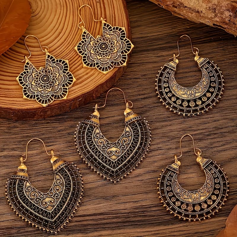 TEMU 3 Pairs Of Fashionable New Retro Style Bohemian Hollow Flower Geometric Line Earrings Set Suitable For Women' Wear