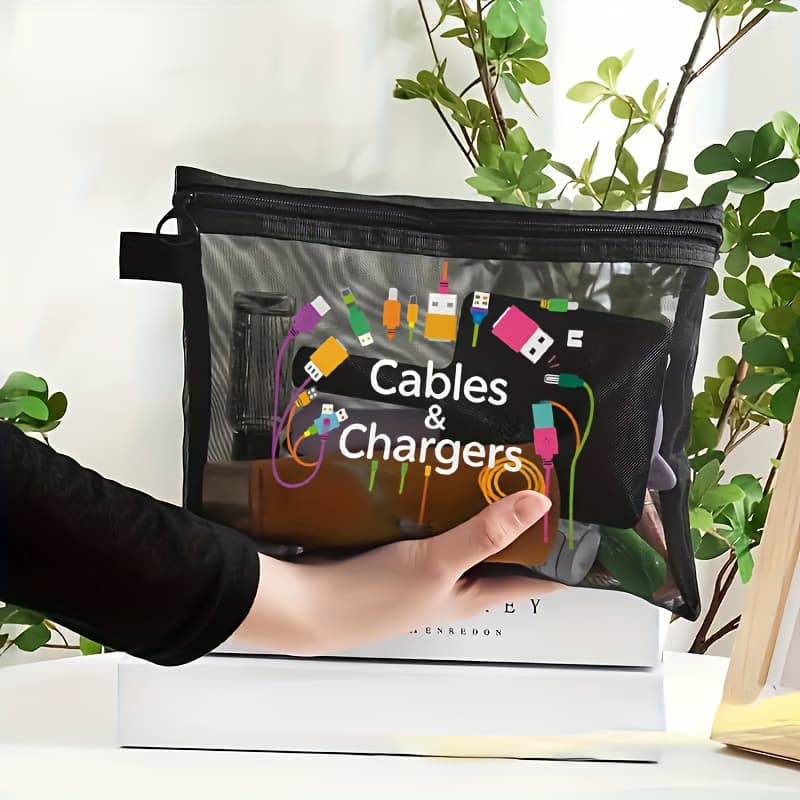 TEMU 2025 New Vibrant Makeup & Electronics Travel Organizer Pouch - Hypoallergenic Polyester Cable Storage Bag With Cables & Design, Black Gift For Tech Lovers, Beach,, Parties, Travel Case