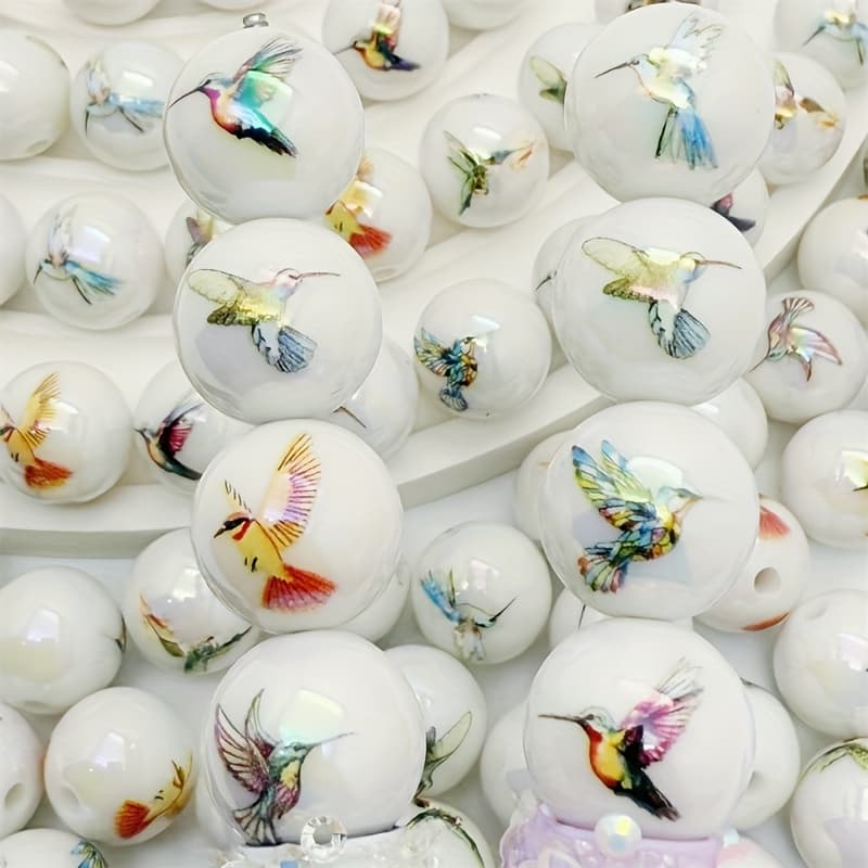 TEMU 35pcs Types Of Hummingbird Printed Acrylic Round Beads, Colored Hummingbird Printed Straight Hole Loose Beads, Diy Mobile Phone Rope Pendants Bead Pens Decorative Beads