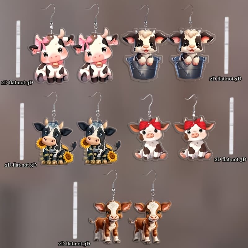 TEMU 2d Flat, 2d Flat 5 Pairs Cute Animal Earrings, 2d Flat Acrylic Calves Dangle Earrings Set, Fashionable Earrings For Animal Enthusiasts, Day Gifts, Easter Gifts, Ideal For & Parties, 2d Flat