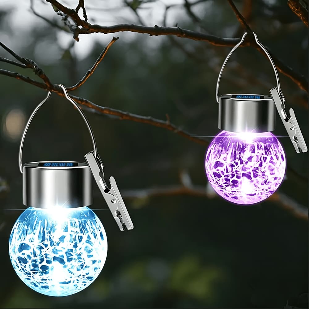TEMU 2 Pack Hanging Solar Lights With Hook, Ipx5, Outdoor Decorative Cracked Glass Ball Light, Rgb Fade Changing Solar Powered For Garden, Tree, Christmas Decoration
