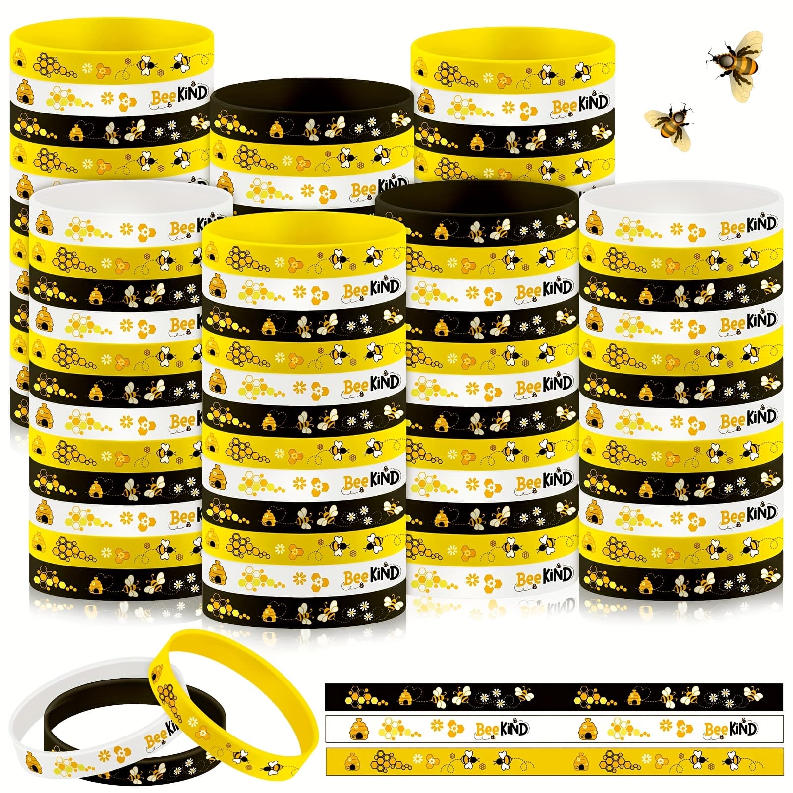 TEMU 120 Pcs Bee Silicone Bracelets Bulk Assorted Color Honeybee Wristband For Summer Bee Theme Party Favors()