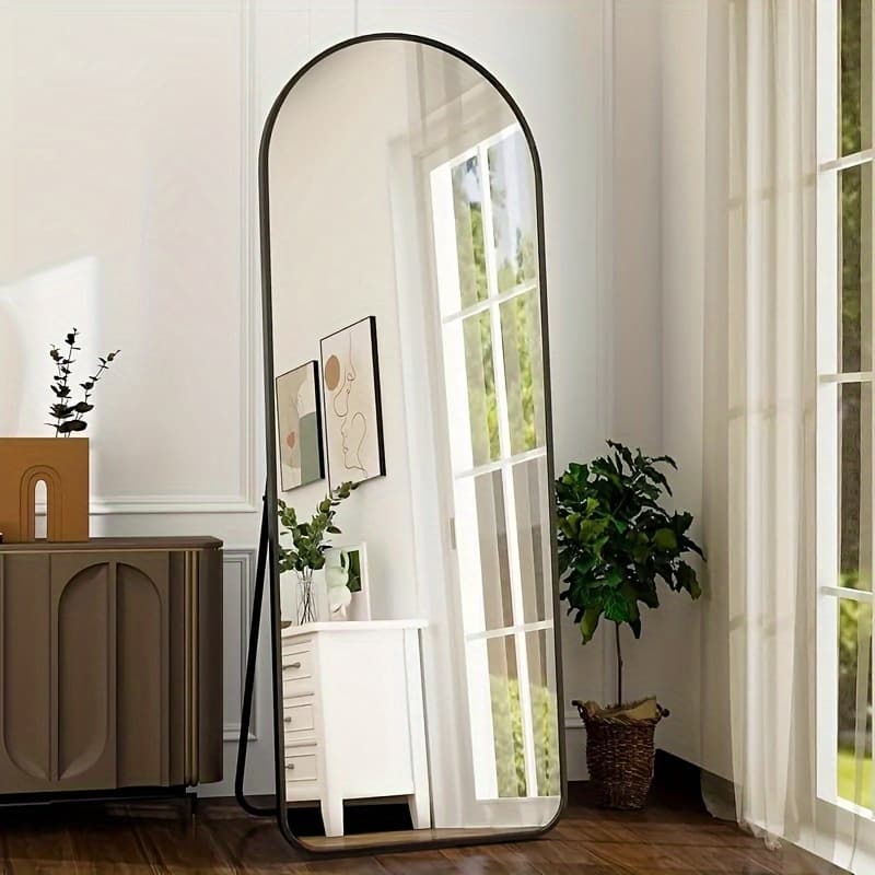 TEMU Led Lighted/not-led Lighted Full-length Mirror With Arched/ Top - Aluminum Frame Floor-standing Dressing Mirror For Bedroom & Living Room, Black/golden/white
