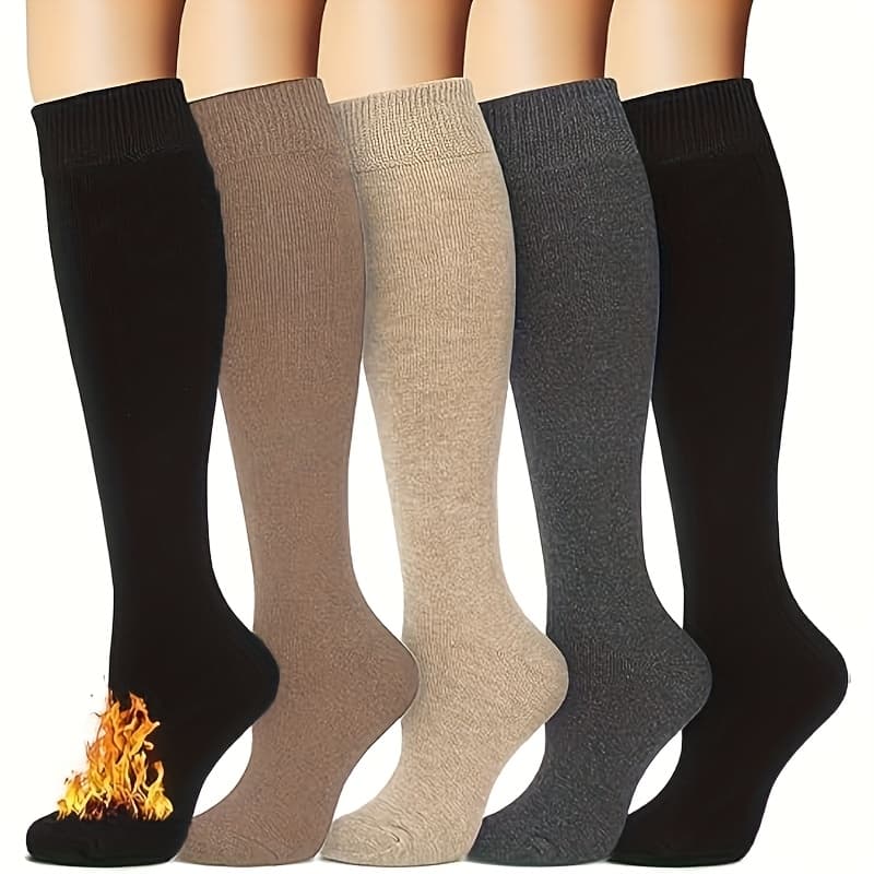 TEMU 5 Pairs Pack Autumn Winter Women's Thick Long Socks Winter Fleece -resistant Calf Socks Soft Comfortable Solid Suitable For Occasions Oatmeal Dark Gray Ginger Yellow Coffee Options