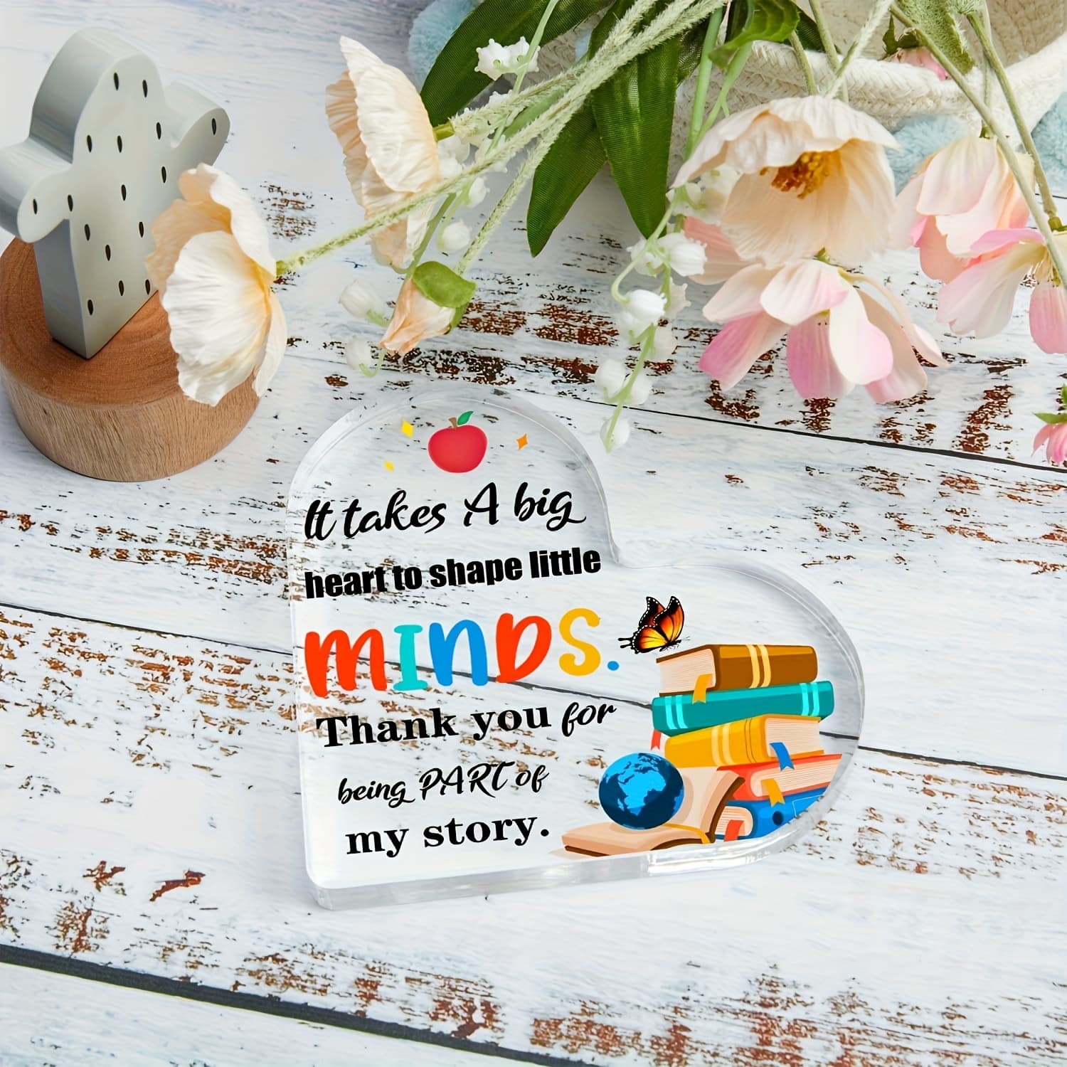 TEMU 1pc, Heart-shaped Acrylic Plaque - Teacher Appreciation Gift, Desk Decor With Inspirational Quote, Ideal For Halloween & Christmas, Classroom Decorations For Teachers