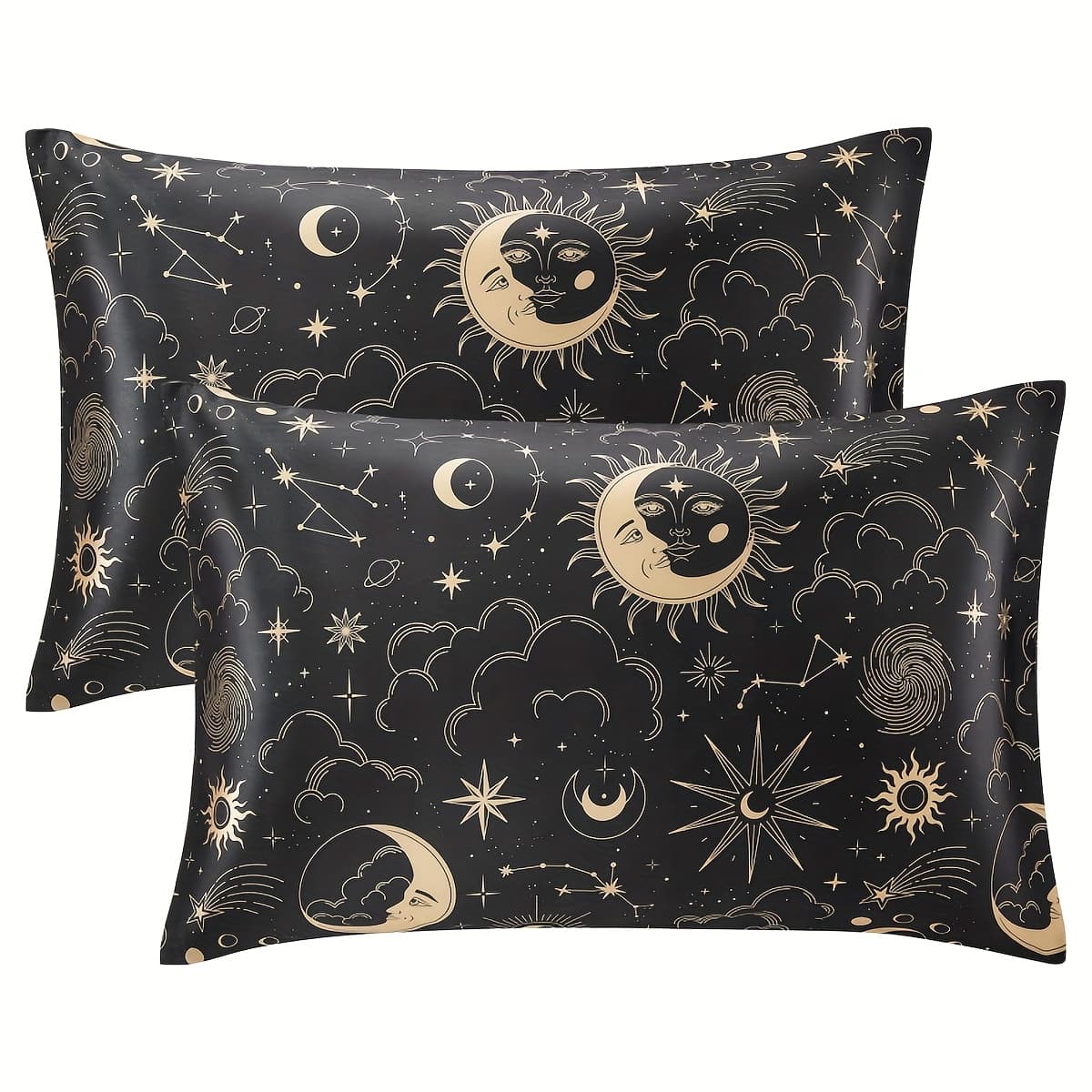 TEMU 2pcs Black Printed Satin Pillowcases, Protecting Hair And Skin - Printed -colored Covers, Envelope Closure, Multi-sizes, Ideal Summer Gift