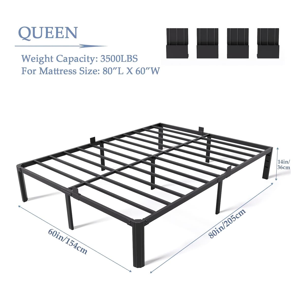 TEMU 14-inch Complete Bed Frame, Metal With Rounded Legs, Supports Up To 3500 With Heavy-duty Steel Bars, Springs Required, Silent Operation, Easy Assembly, In Black Color