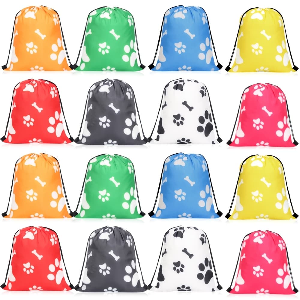 TEMU 16pcs Dog Paw Print Drawstring Gift Bags - Perfect For Pet Birthday Parties & Themed Events, Durable With Shoulder Strap, Christmas, Halloween