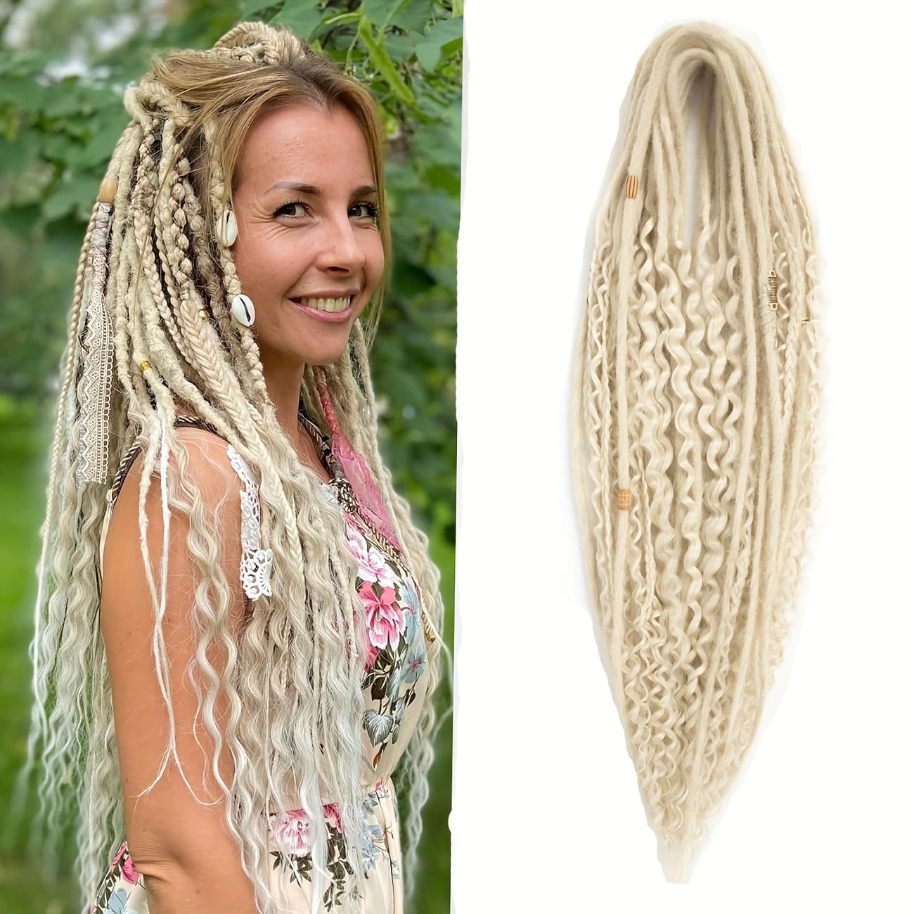 TEMU 15pcs Double-ended Curly Boho Dreads Mixed Set Synthetic Hair Extension Single-ended Fake Thin Wavy Dreadlock Extensions Curly Ends For Women
