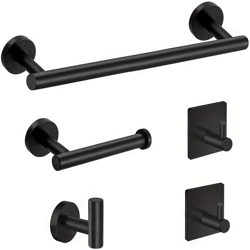 TEMU 5pcs Stainless Steel Bathroom Hardware Set Robe Hook Towel Rail Bar Rack Bar Shelf Tissue Paper Holder Toothbrush Holder Bathroom