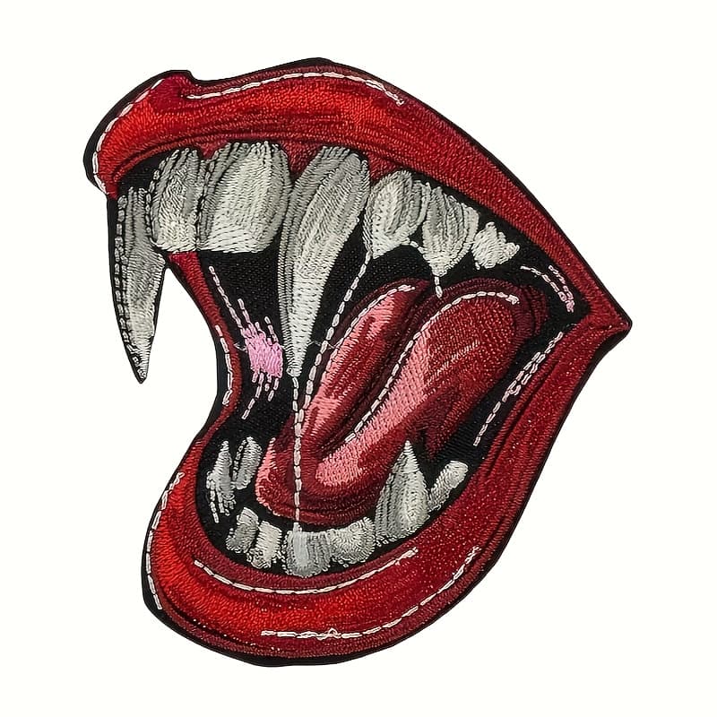 TEMU Lip Embroidery Patch With Sharp Teeth Design - Easy-apply Polyester For , Backpacks, Hats & Jackets - , Mixed Colors, Tactical Look