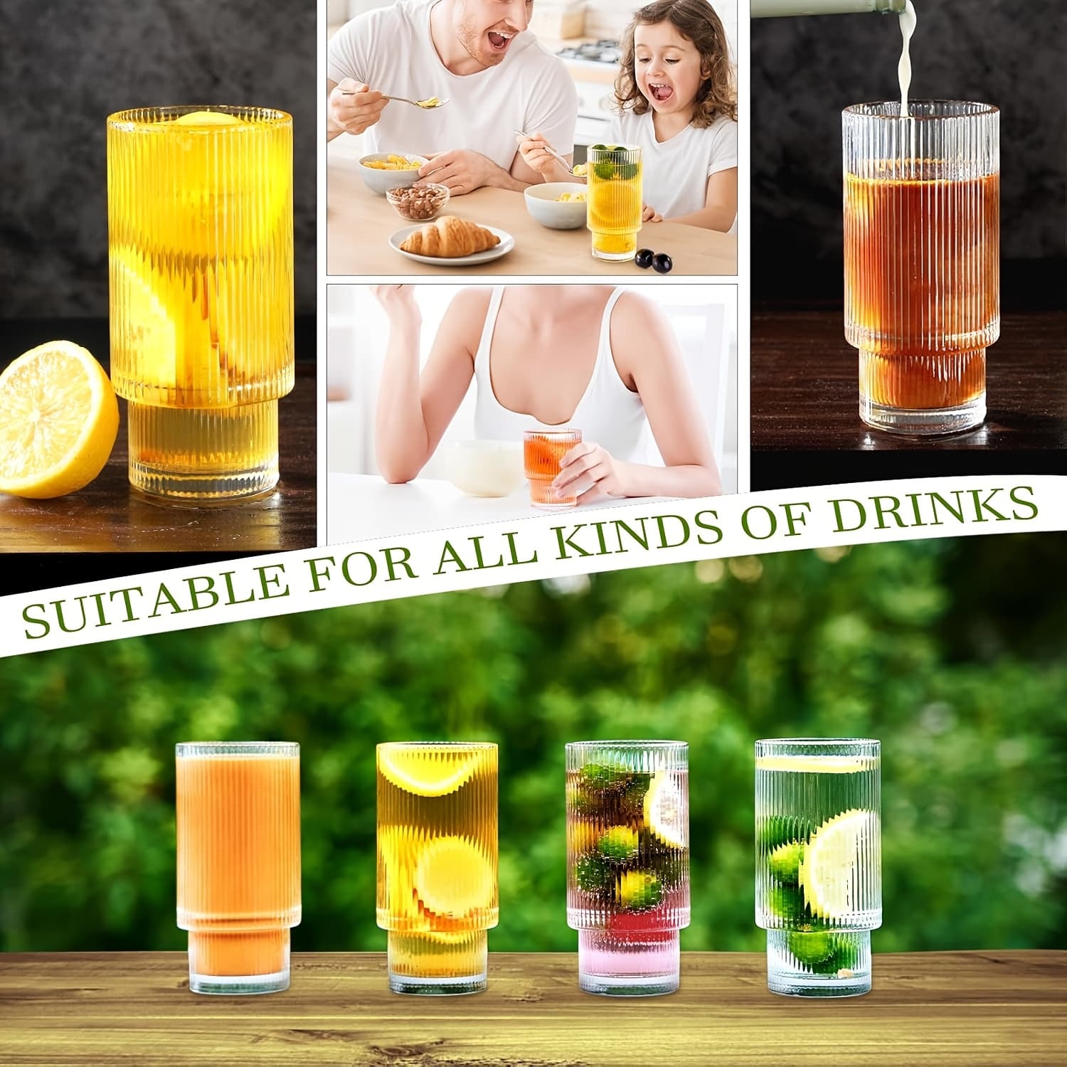 TEMU Ribbed Drinking Glasses Set Of 6, 14oz Water Glasses, Vintage Glass Cups, Clear Glass Tumbler, Ribbed Glassware For Cocktail, Iced Coffee, Juice, , Decor, Gift