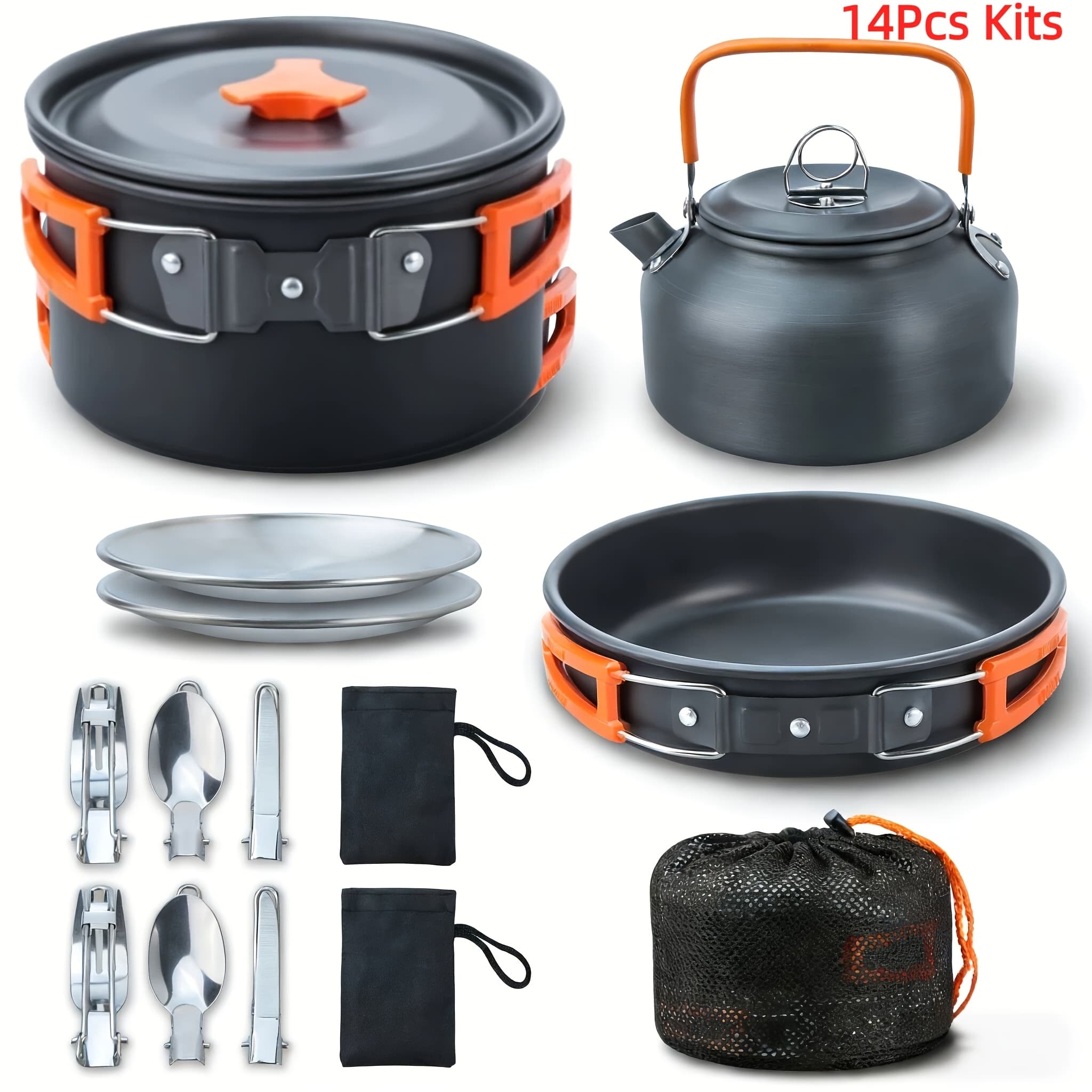 TEMU 8/14pcs Camping Cookware Mess Kit, Portable Aluminum Alloy Cookware, Kettle Pot Frying Pan Plates Forks Knives Spoons For Camping, Backpacking, Outdoor Cooking