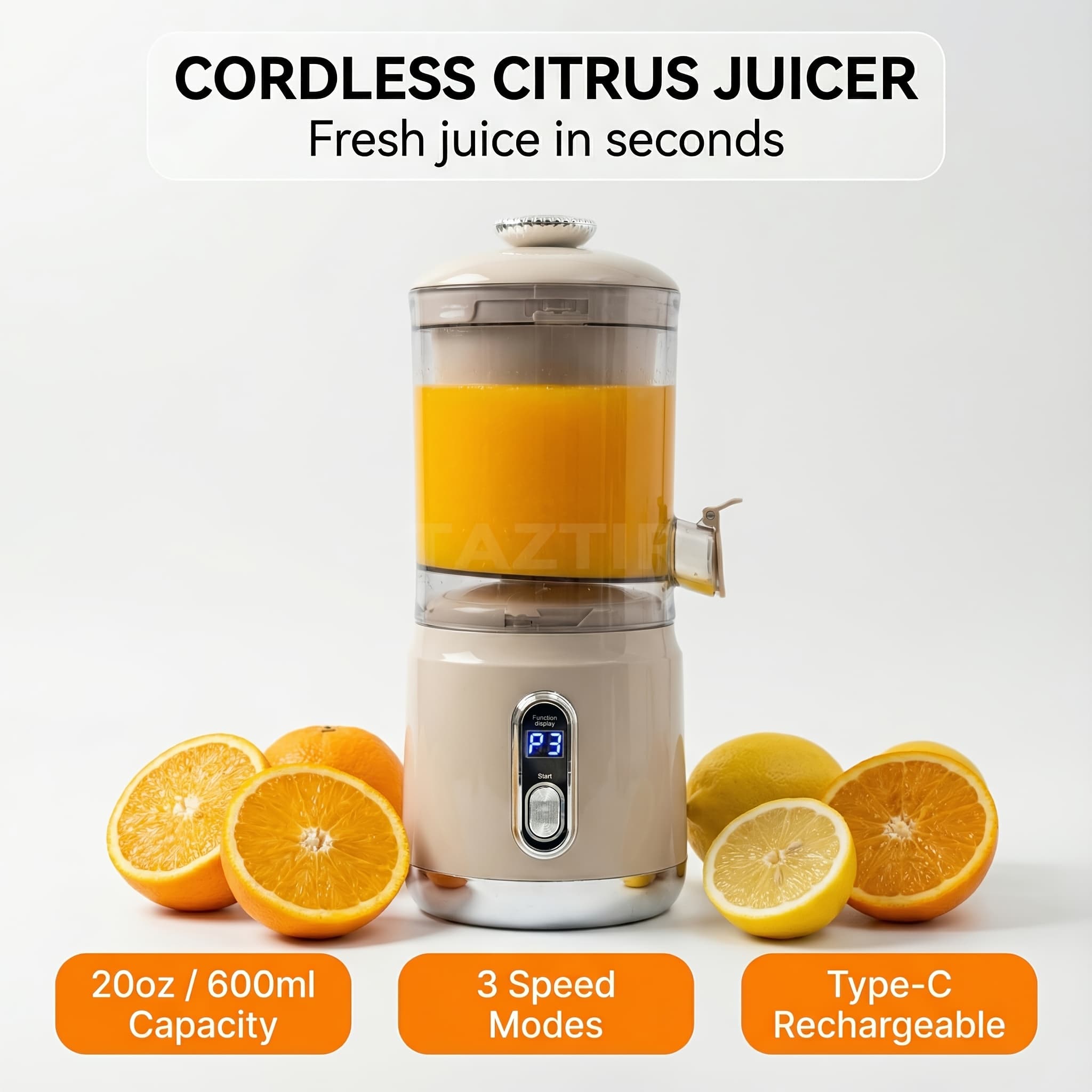 TEMU Taztir Electric Citrus Juicer 20oz, Usb Rechargeable Automatic Squeezer With Digital Display, 15, 000 Rpm Motor And 3-speed Adjustable , Control, Portable And Easy To Clean, Beige