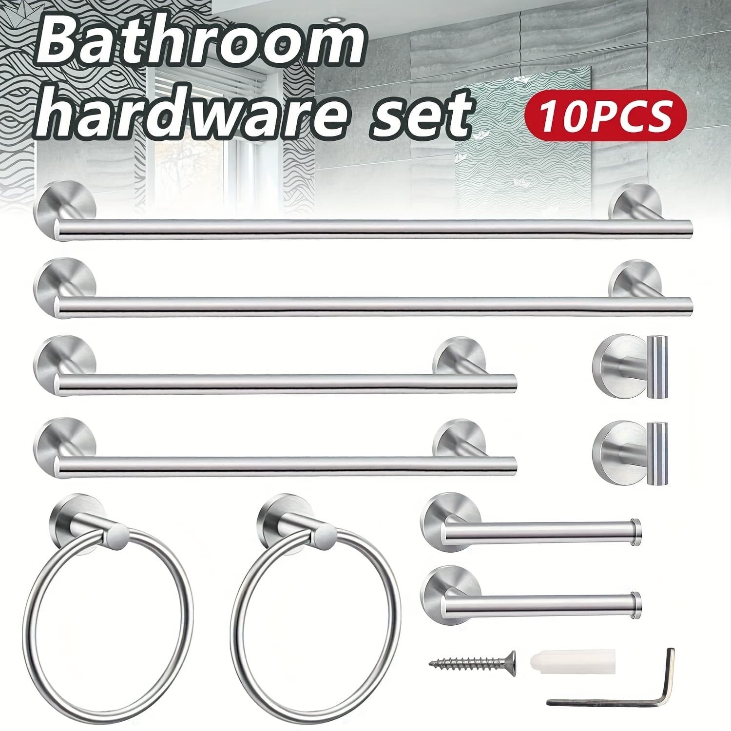TEMU 10pcs Bathroom Hardware Set 23. 6 Inch Towel Bar Towel Ring Toilet Paper Holder Robe Towel Hook Stainless Steel Bathroom Accessory Set