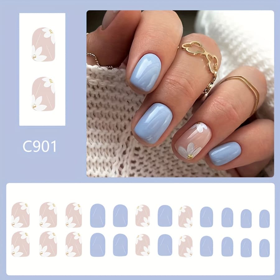 TEMU A Set Of 24pcs Short Square False Nail Set, Light Blue Glossy And White Style, Golden Glitter , Suitable For Spring And Summer , Suitable For Women', Dating, Photo, Party