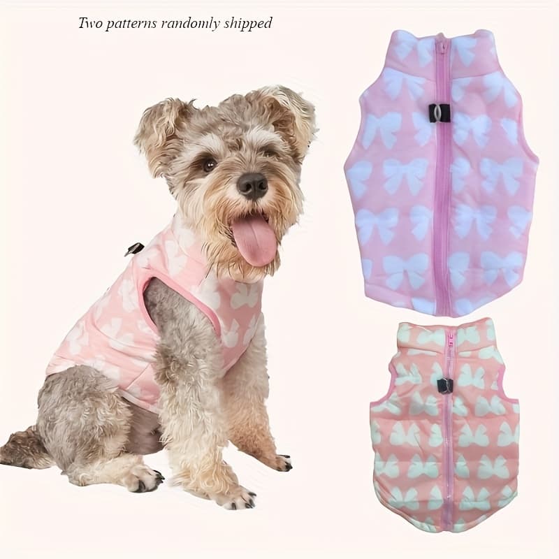 TEMU Pet Vest, Winter Warm Vest, Cute Bow Print Coat For Pets, Pink Outwear With Leash Hook