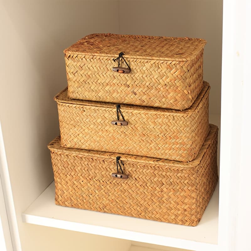 TEMU 3pcs Bohemian Bamboo Baskets - Round Weaving Storage Boxes With Gift Box Packaging, Rustic Table Organizers For,, Office - Multipurpose Desktop & Shelf Basket ( Bamboo Material), Shelf Baskets