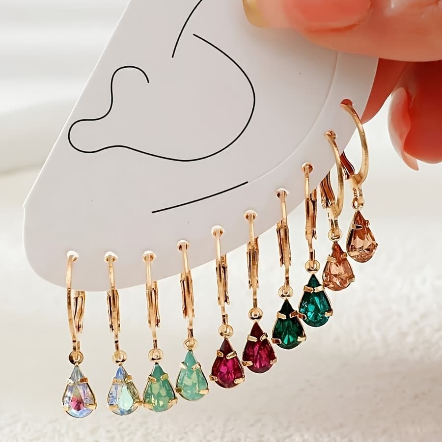 TEMU 5 Pairs Vibrant Bohemian Chic Earrings Set - Colorful Synthetic Gemstone Tear Drop, Rectangle, Heart Pendant Dangle Earrings With Hypoallergenic Metal, Vacation Fashion Accessory For Women