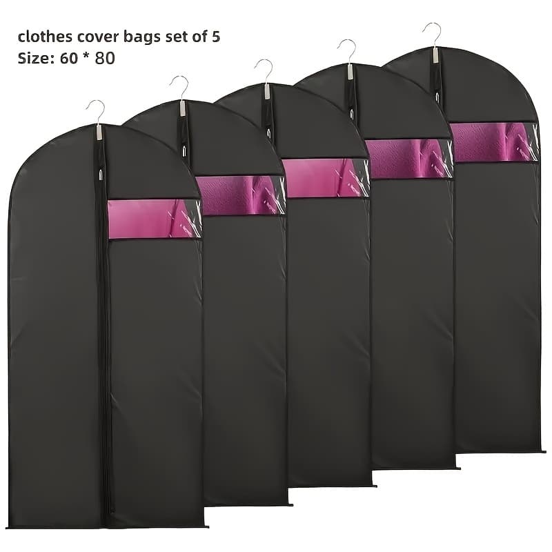 TEMU 5pcs Black Washable Suit Covers With Transparent Windows, Suitable For Cabin Storage, Washable Suit Covers, Shirts, Suits, Dresses, Suit Dust Bags With Windows For Cabin Storage