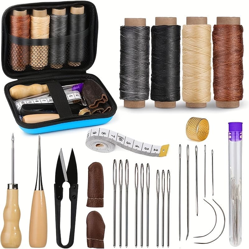 TEMU Complete Leather Sewing Kit - Leather Working & Repair Essentials For Crafting, Upholstery, And Diy Projects - Includes Large-eye Stitching Needles, Waxed Thread, And For Leather