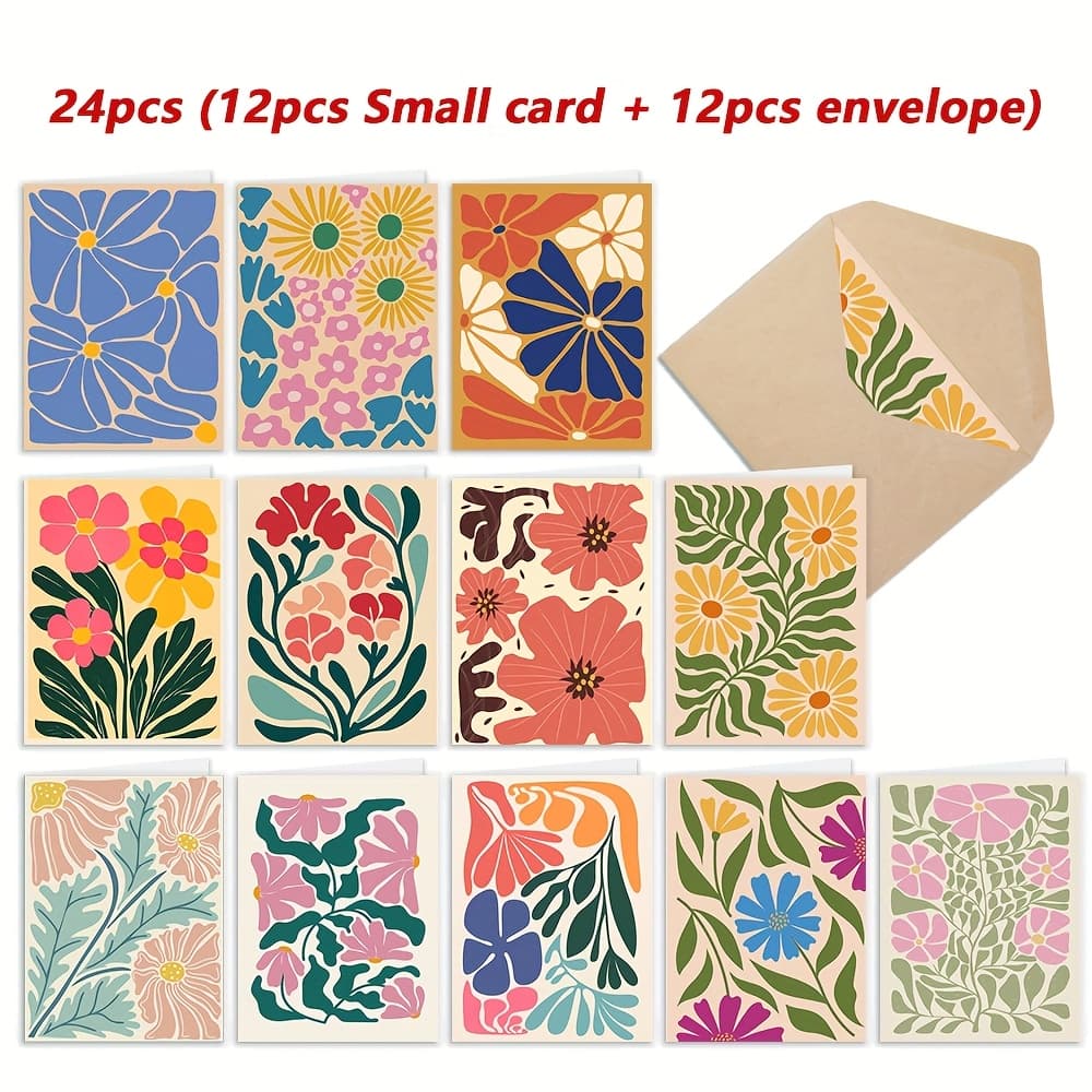 TEMU Set Of 24 Adorable Greeting Cards With Envelopes - Ideal For Notes, Invitations, And Gifts | 12 Designs For Birthday Wishes , Office Supplies - Featuring Abstract Flowers